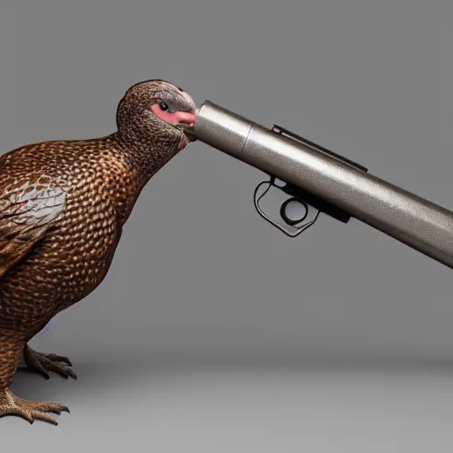 Image similar to a 3 d model of a grouse holding a blunderbuss, studio lighting, octane render, hyper detailed, product photography, 8 k, highly detailed