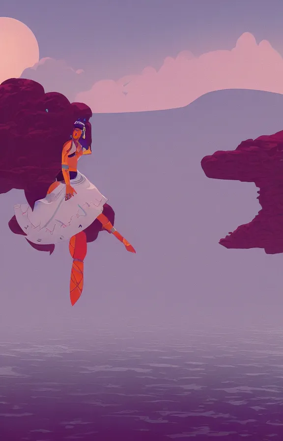 Image similar to mayan priestess floating over an ocean, sharp focus, james gilleard, moebius, print, cinematic, game art