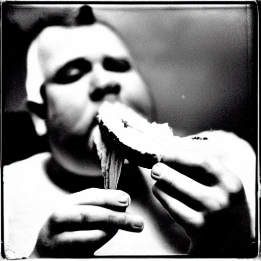 Prompt: a black and white film photograph of a fat man eating a sandwich. holga, lomo, toy camera, film, tri - x, plus - x, vintage