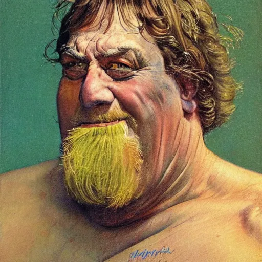 Image similar to upper body portrait of wrestler giant haystacks, by norman rockwell and boris vallejo