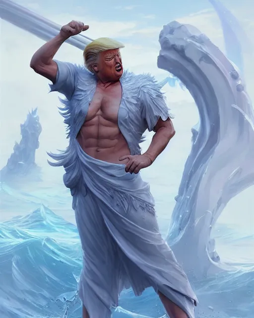 Image similar to character concept art of donald trump as poseidon in a dynamic pose | cute - fine face, pretty face, realistic shaded perfect face, fine details by stanley artgerm lau, wlop, rossdraws, james jean, andrei riabovitchev, marc simonetti, and sakimichan, tranding on artstation
