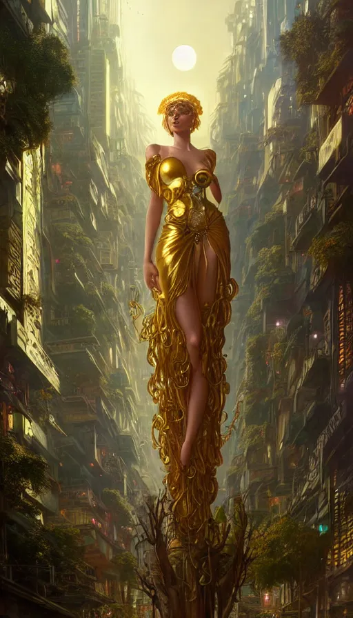 Prompt: golden goddess looking at a hyper realistic cyberpunk city, busy crowded market street overtaken by lush plants, full moon, light rays, gnarly trees by tom bagshaw, mucha, gaston bussiere, craig mullins, j. c. leyendecker 8 k