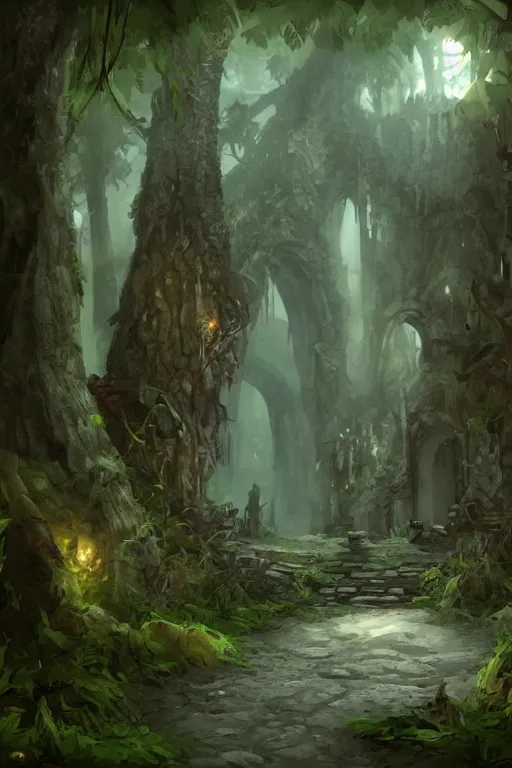 Image similar to dungeon Entrance in a forest, Artstation