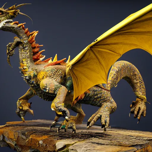 Image similar to an injured damaged dragon with patchy yellow scales and exposed bones and has a broken wing and leg, fantasy, intricately detailed, 8 k render, ultra high resolution, octane render, trending on artstation