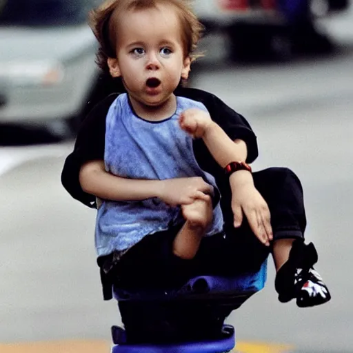 Image similar to baby nicolas cage skateboarding