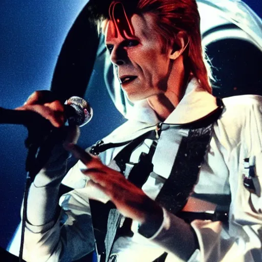 Image similar to david bowie performing on top of a spaceship in space