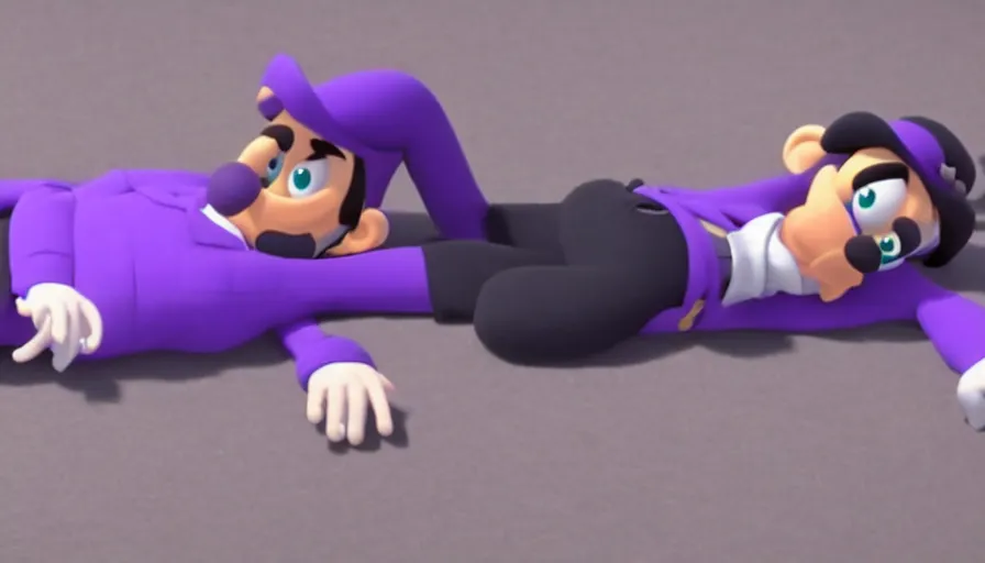 Image similar to still from a masterpiece moody A24 animation: Waluigi laying down while going to therapy