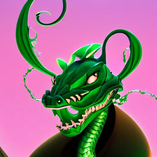 Image similar to Portrait of the emerald Dragon Ouroboros in the style of Disney, toon aesthetic, stylized character, 3d render, Trending on artstation , HD quality, dramatic light, octane