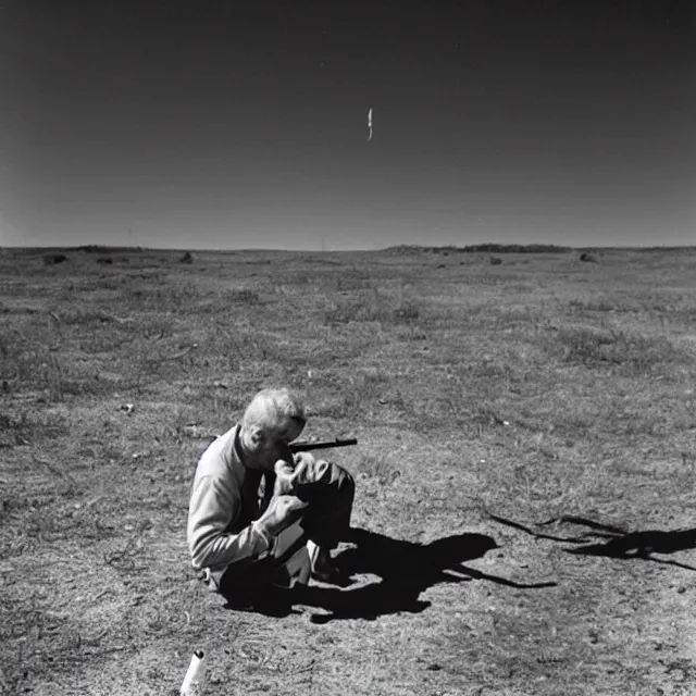 Prompt: a man resting smoking a joint at the end of the world, photo by william eggelston