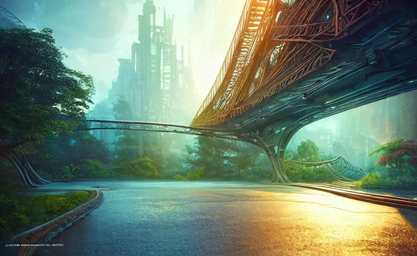 Prompt: incredible, mindblowing beautiful grand rainbow hardlight bridge, matte painting, artstation, solarpunk metropolis, cgsociety, dramatic lighting, vibrant greenery, concept art, octane render, arnold 3 d render