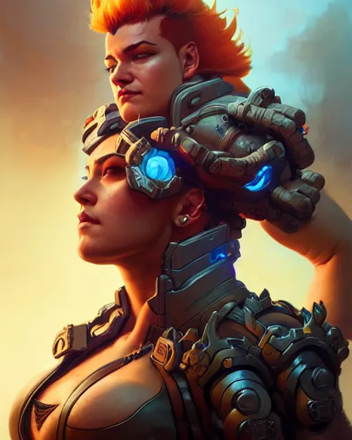 Prompt: zarya from overwatch, character portrait, concept art, intricate details, highly detailed by greg rutkowski, michael whelan and gustave dore