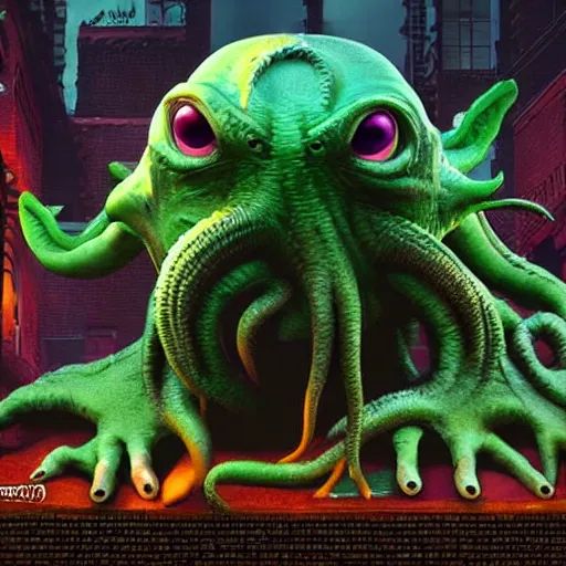 Image similar to Cthulhu in the style of Monsters Inc., high quality, hyper detailed, dramatic lighting, 8k cinematic