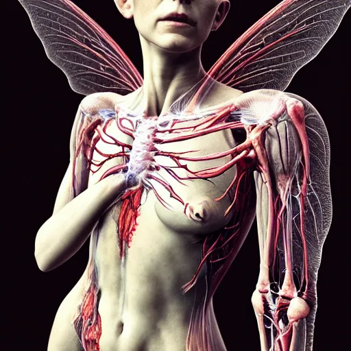 Image similar to female fairy with translucent skin, visible muscles and veins and arteries and bones and spine and nerves, beautiful detailed intricate insanely detailed octane render, 8K artistic photography, photorealistic, chiaroscuro, by David Cronenberg, Raphael, Caravaggio