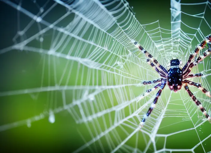 Image similar to super macro of a clear crystal spider with lcd monitor, in the forest. Fantasy magic style. Highly detailed 8k. Intricate. Nikon d850 300mm. Award winning photography.