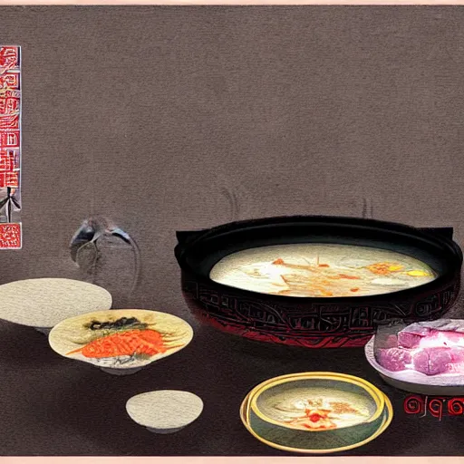 Prompt: chongqing hot pot, digital art, style of traditional chinese painting