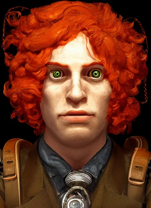 Image similar to biohazard portrait of curly orange hair man from bioshock, au naturel, hyper detailed, digital art, trending in artstation, cinematic lighting, studio quality, smooth render, unreal engine 5 rendered, octane rendered, art style by klimt and nixeu and ian sprigger and wlop and krenz cushart