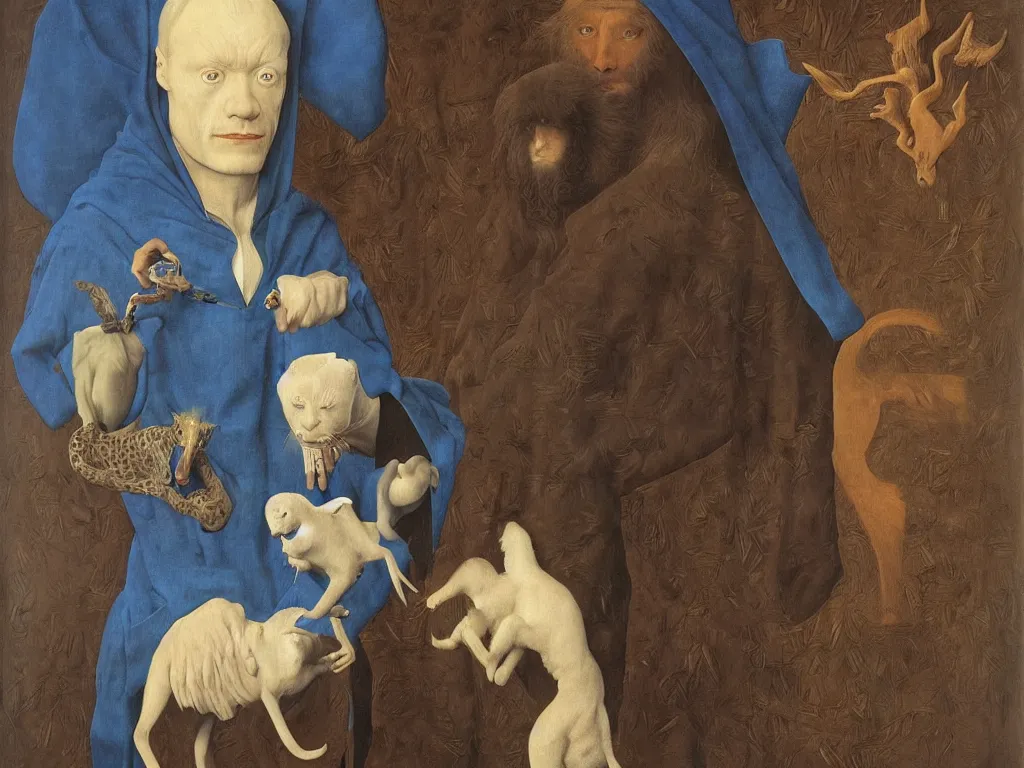 Image similar to Portrait of albino mystic with blue eyes, with panther. Painting by Jan van Eyck, Audubon, Rene Magritte, Agnes Pelton, Max Ernst, Walton Ford