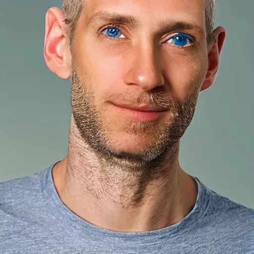 Prompt: color photograph of a 40 year old white Jewish Israeli skinny man with short, curly, blond hair and very small blue eyes, dressed in a white t shirt, gray shorts and a gray cabby cap, with a small mole to the right of his very thin lips, with a straight nose and blond stubble, with a round face, and an earring in the left ear. He resembles a lion.