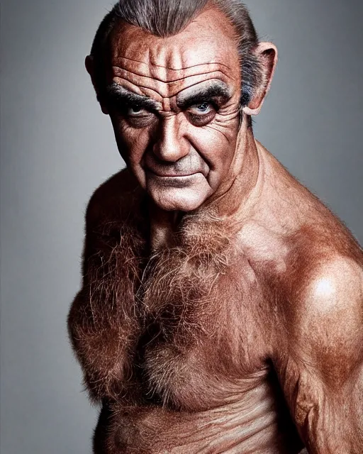 Image similar to actor Sean Connery in Elaborate Pan Satyr Goat Man Makeup and prosthetics designed by Rick Baker, Hyperreal, Head Shots in the style of Annie Leibovitz