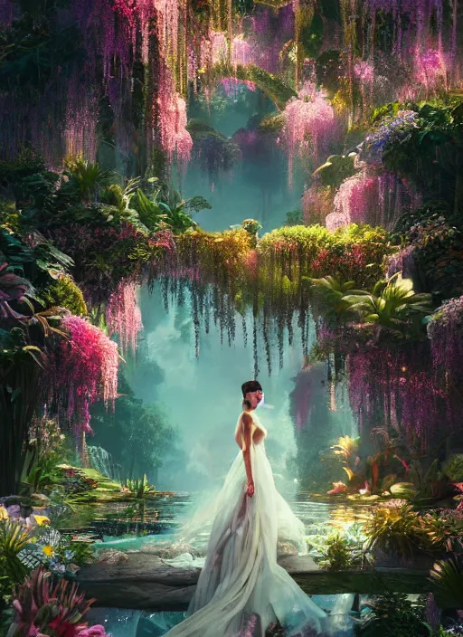 Prompt: beauteous sumptuous elegant woman in paradise garden, with incredible indirect soft cinematic lighting, crystalline masterpiece incrustations, hyperdetailed features, movie still, intricate, octane render, cinematic forest lighting, unreal engine,