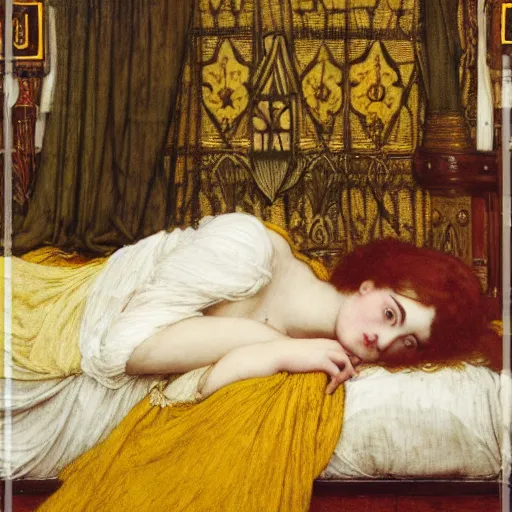 Prompt: preraphaelite portrait reclining on bed, hybrid of judy garland and lucy hale, aged 2 5, brown fringe, wide shot, yellow ochre ornate medieval dress, john william waterhouse, kilian eng, rosetti, john everett millais, william holman hunt, william morris, 4 k