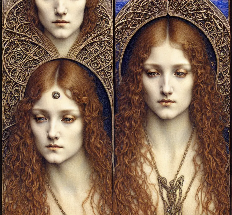 Image similar to detailed realistic beautiful young medieval queen face portrait by jean delville, gustave dore and marco mazzoni, art nouveau, symbolist, visionary, gothic, pre - raphaelite. horizontal symmetry