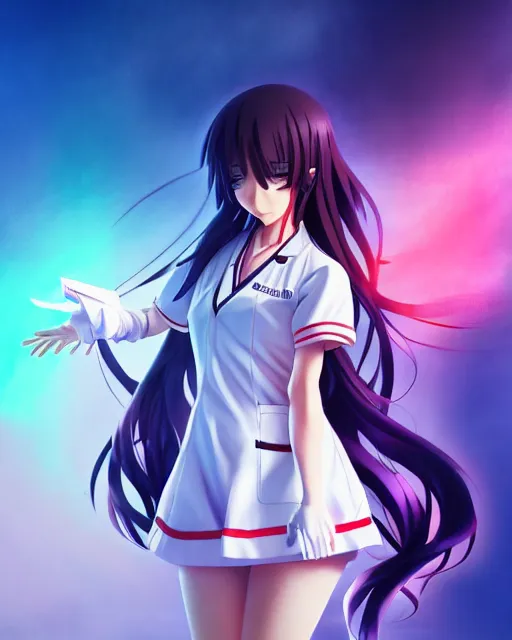 Prompt: anime style, vivid, expressive, full body, 4 k, painting, a cute magical girl with a long wavy black hair wearing a nurse outfit, stunning, realistic light and shadow effects, centered, simple background, studio ghibly makoto shinkai yuji yamaguchi