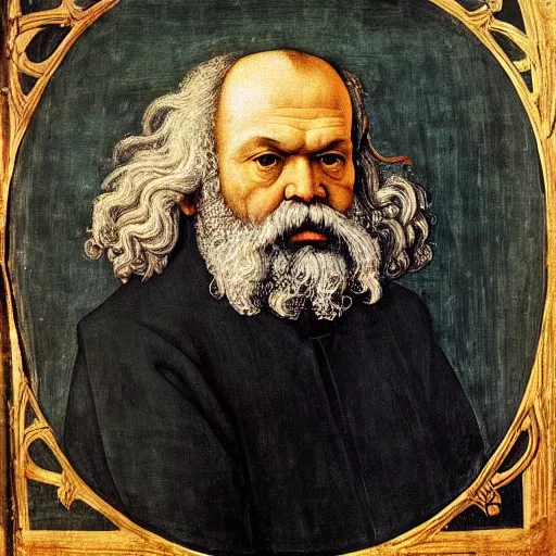 Image similar to beautiful renaissance painting portrait of karl marx by sandro botticelli, jan van eyck, tiziano vecelli, piero della francesca