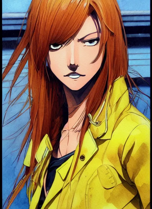 Prompt: Frontal portrait of a very beautiful muscular anime girl with tanned skin and cream colored hair wearing a yellow raincoat, watercolor, digital painting, art by Shirow Masamune Kenichi Sonoda Moebius and Katsuhiro Otomo, very detailed, sharp focus, cyberpunk, high quality, color manga panel, hard shadows