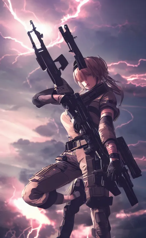 Image similar to the front of a modern trading card, highly detailed, high resolution, character design, stunning, volumetric lightning, realistic guns, girls frontline style, matte, sharp focus, illustration, artstation