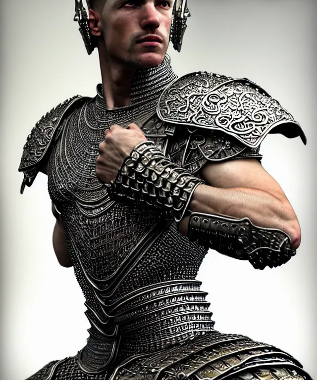 Image similar to hyperrealistic mixed media painting of a stoic male fighter, stunning 3d render inspired art by P. Craig Russell and Barry Windsor-Smith + perfect facial symmetry + dim volumetric lighting, ornate chainmail armor, head and shoulders, d&d, arms crossed, 8k octane beautifully detailed render, post-processing, extremely hyperdetailed, intricate, epic composition, grim yet sparkling atmosphere, cinematic lighting + masterpiece, trending on artstation, very very detailed, masterpiece, stunning