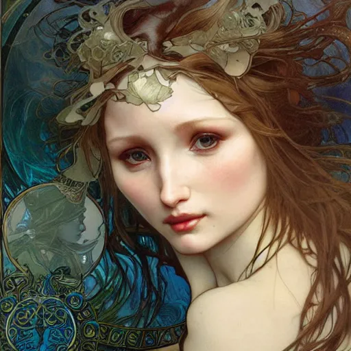 Prompt: realistic detailed face portrait of Emily Browning by Alphonse Mucha, Ayami Kojima, Amano, Charlie Bowater, Karol Bak, Greg Hildebrandt, Jean Delville, and Mark Brooks, Art Nouveau, Neo-Gothic, gothic, rich deep moody colors