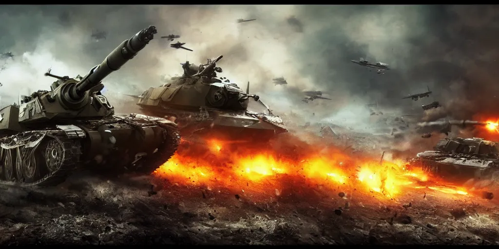 Image similar to World war 3, Huge battle, explosions, epic fight, shockwave, cinematic battle, vast, sense of scale, trending on art station, tanks, planes, bombers, infantry 8k