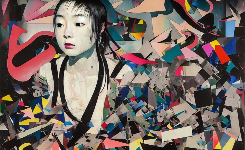 Image similar to decollage painting young japanese actress struggling in a ruined city by adrian ghenie and takato yamamoto and edward hopper and mark ryden and tsutomu nihei, part by bridget riley, acrylic pour and splashing paint, very coherent, baroque elements, perfect anatomy, intricate design. pop art.