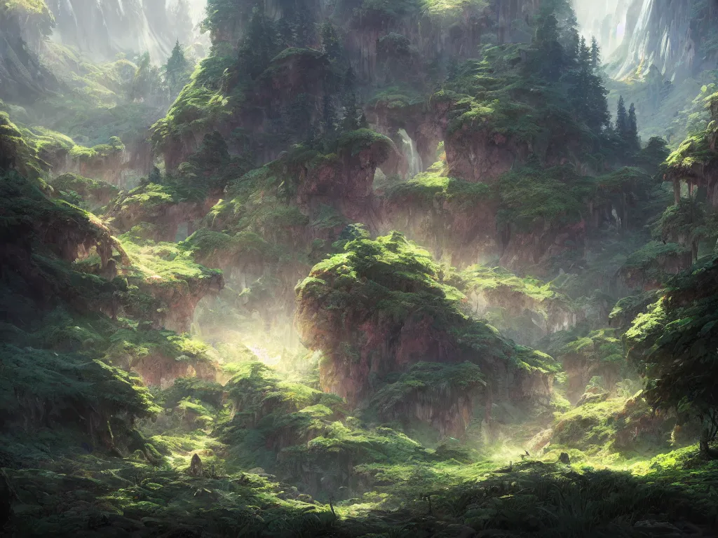 Prompt: concept art painting of a fantasy landscape in a mountainous forested valley, realistic, detailed, cel shaded, in the style of makoto shinkai and greg rutkowski and james gurney and thomas kinkade