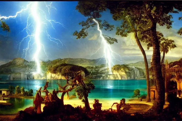 Image similar to Palace of the chalice, refracted sparkles, thunderstorm, greek pool, beach and Tropical vegetation on the background major arcana sky and occult symbols, by paul delaroche, hyperrealistic 4k uhd, award-winning, very detailed paradise