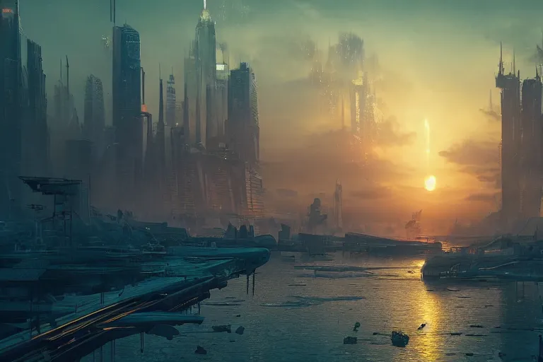 Prompt: cyberpunk future city landscape in style of aivazovsky, sunset, ultra details, cinematic, 8k, sharp focus, award winning photo, crisp edges, octane render, hyper realistic, maximum details, 16k,