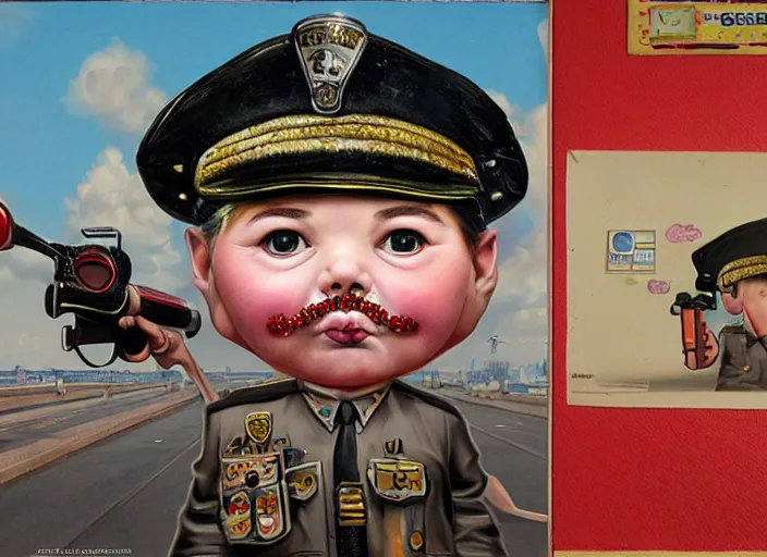 Prompt: a donut head police officer, lowbrow, matte painting, 3 - d highly detailed, in the style of mark ryden,