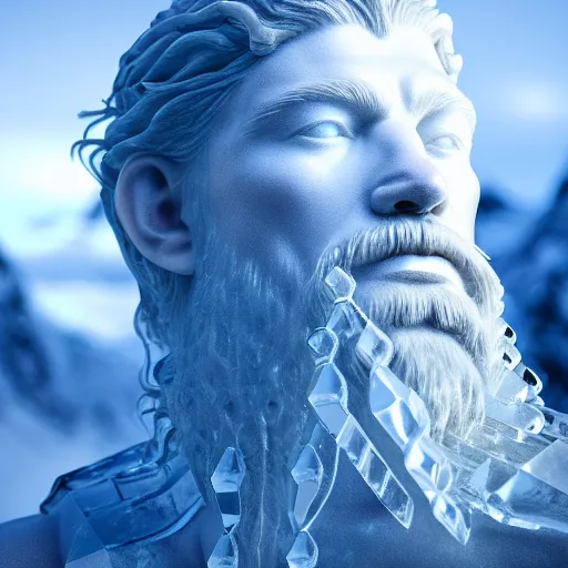 Image similar to photography of a hyper realistic crystal clear ice statue of un unknow viking warrior god. stuning, intricate, complexe. snowy mountains dream landscape. professional digital art, unreal engine 5