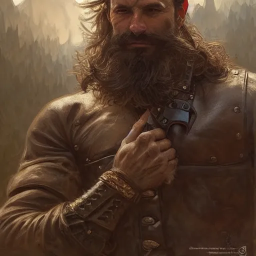 Image similar to portrait of a rugged ranger, coherent hands, handsome, muscular, full body, leather, hairy, d & d, fantasy, intricate, elegant, highly detailed, digital painting, artstation, concept art, smooth, sharp focus, illustration, art by artgerm and greg rutkowski and alphonse mucha