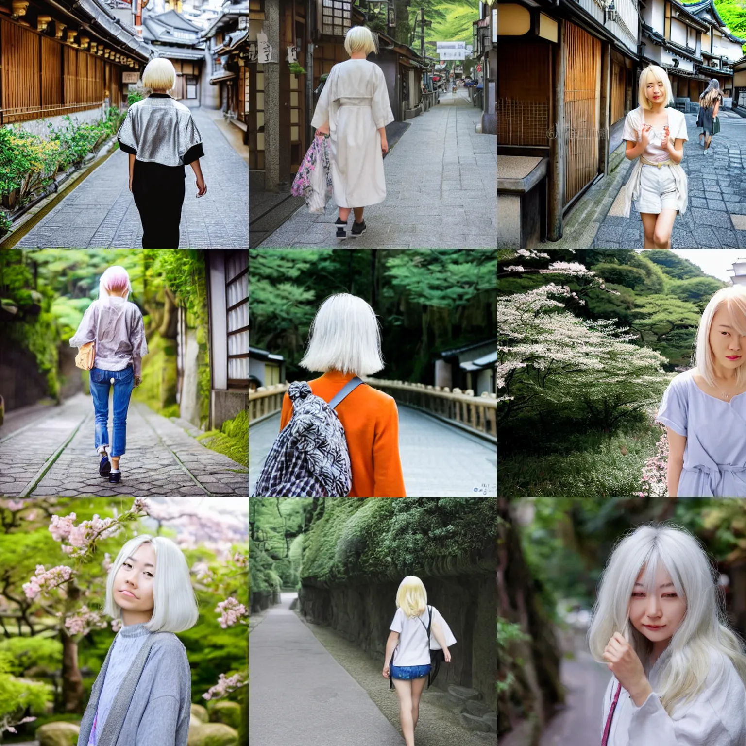 Prompt: a beautiful blond silver hair young woman walking around in Japan in the style of studio ghibli