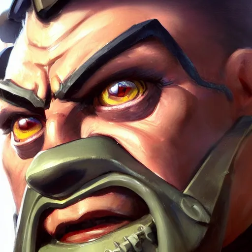 Image similar to greg manchess close - up portrait painting of a handsome older male dieselpunk orc with olive green skin as an overwatch character, medium shot, asymmetrical, profile picture, organic painting, sunny day, matte painting, bold shapes, hard edges, street art, trending on artstation, by huang guangjian and gil elvgren and sachin teng