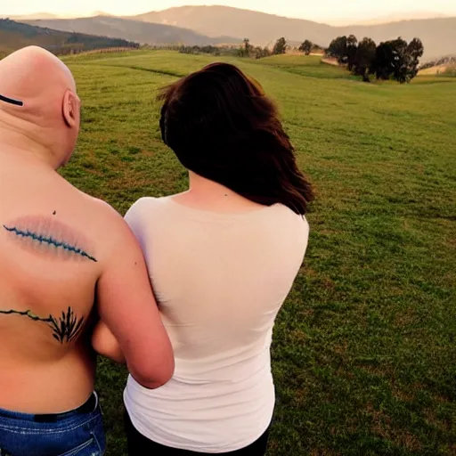 Image similar to portrait of a young fat bald white male tattoos and his young white female brown hair wife with tattoos. male is wearing a white t - shirt, tan shorts, white long socks. female is has long brown hair and a lot of tattoos. photo taken from behind them overlooking the field with a goat pen. rolling hills in the background of california and a partly cloudy sky