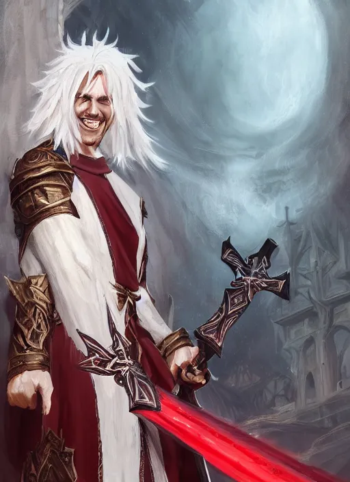 Image similar to a highly detailed illustration of white haired african priest, wearing cross on robe, wielding red blades made of blood, evil standing smiling pose, gothic church background, muscular, intricate, elegant, highly detailed, centered, digital painting, artstation, concept art, smooth, sharp focus, league of legends concept art, WLOP