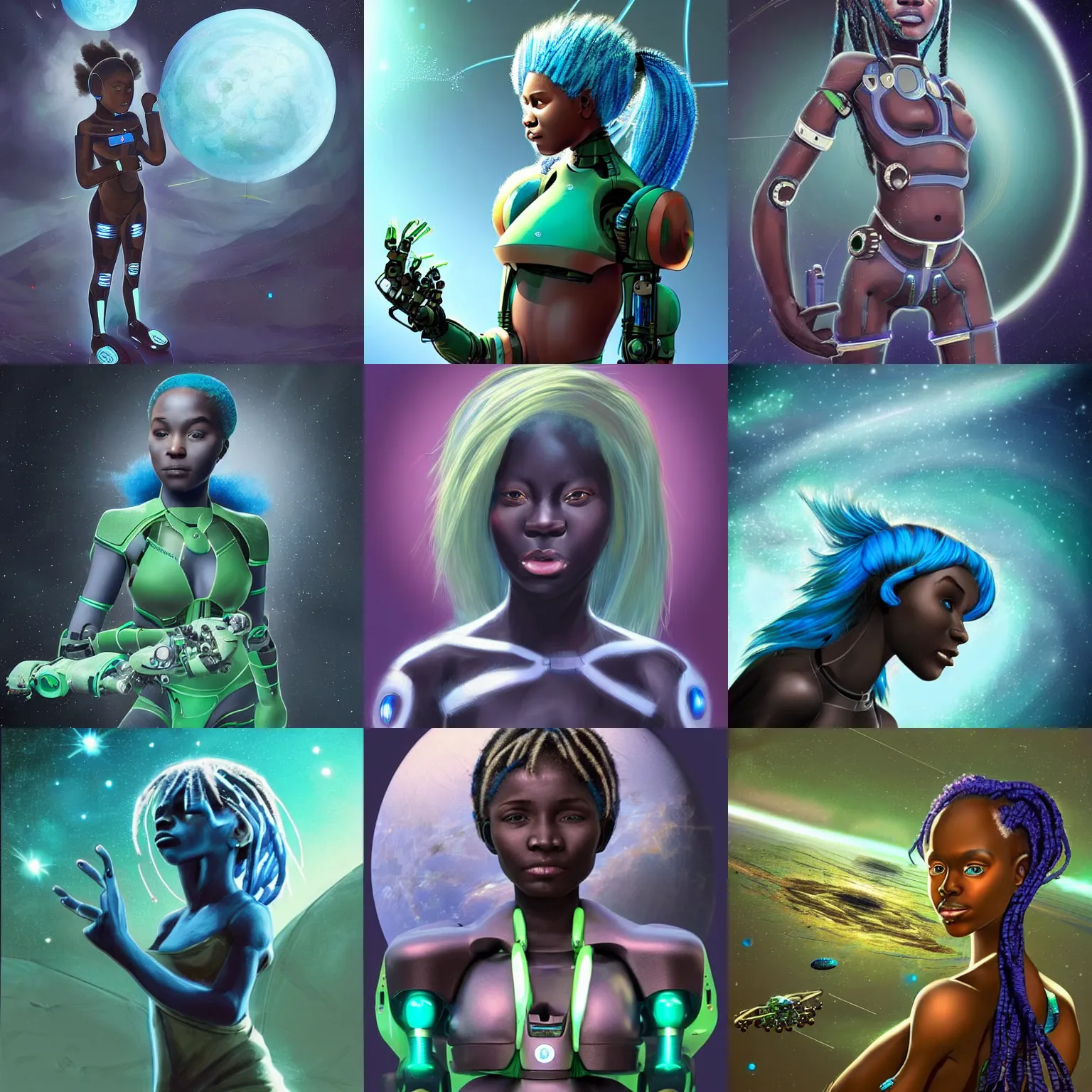 Prompt: hyperrealistic scifi concept art of beautiful futuristic himba girl with robotic arms and blue hair weightless in a dark green space station