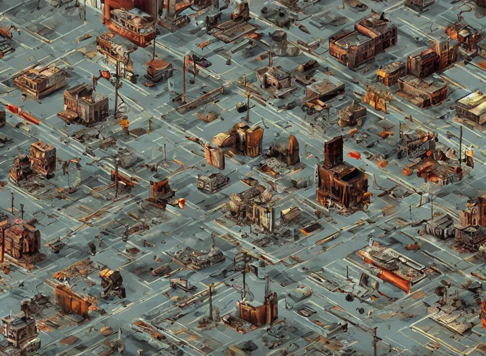 Image similar to Screenshot of a destroyed rusty modern Polish city with a road going across it in Fallout 2 (1998), isometric perspective, postapocalyptic, bird's eye view, prerendered isometric graphics, high quality