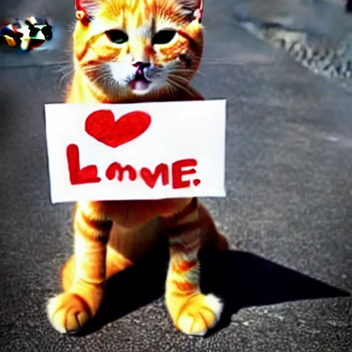 Image similar to cute orange tabby cat holds sign that says