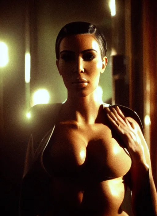 Image similar to film still of kim kardashian as Dr dre, Compton ghetto, cinematic lighting,