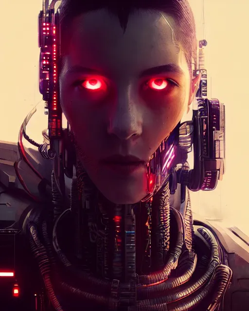 Image similar to portrait of a cyberpunk cyborg. sci - fi, intricate abstract upper body intricate, wlop, concept art, octane render, deviantart, greg rutkowski, cinematic, key art, hyperrealism,