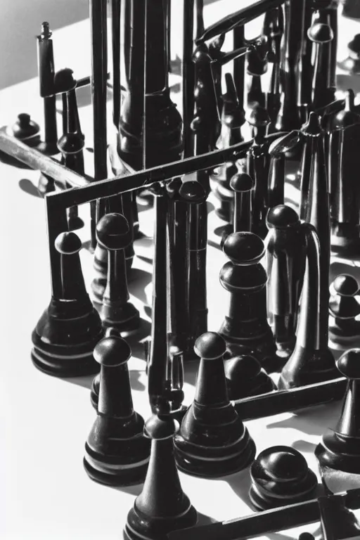 Image similar to a close-up portrait of Marcel Duchamp's industrial chess-piece-building machine in the style of Hito Steyerl and Shinya Tsukamoto and Irving Penn and Robert Frank, minimal contraption